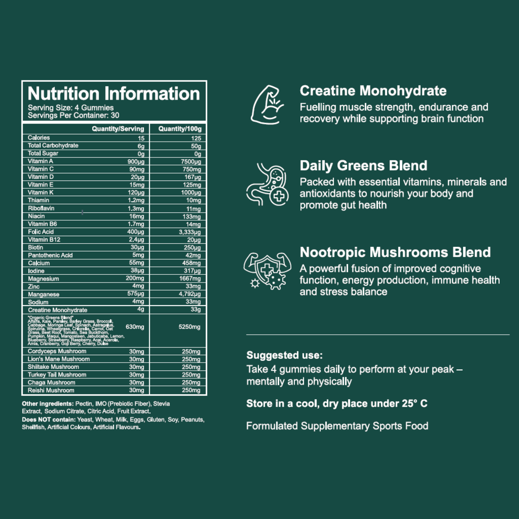Daily Performance Gummies - Creatine, Organic Greens, Mushrooms